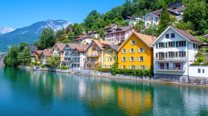 Obraz premium Colorful houses line a lake, mountains in background. Travel postcard