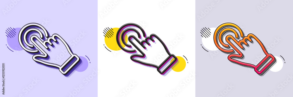 Poster touchscreen gesture line icon. halftone dotted pattern. gradient icon with grain shadow. click hand 