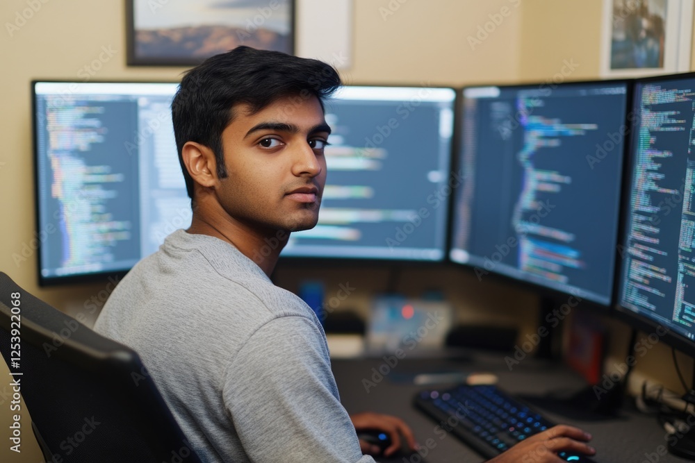 Aufkleber A person sits in front of a computer screen with a focused expression, possibly working or gaming