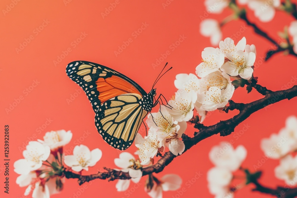 Poster a colorful butterfly perched on a tree branch, ready for takeoff