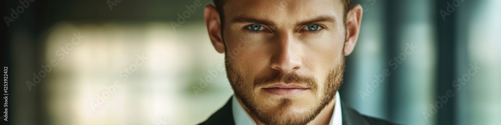 Poster a close-up view of a man wearing a business suit and tie, suitable for use in corporate or professio