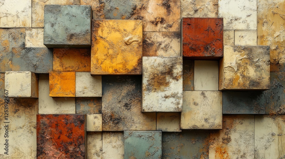 Poster distressed and textured multicolored squares arranged in a chaotic formation