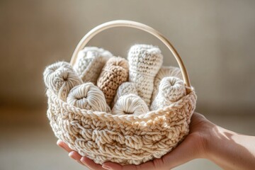 Obraz premium A person holding a basket full of handmade knitted items, great for stock photography