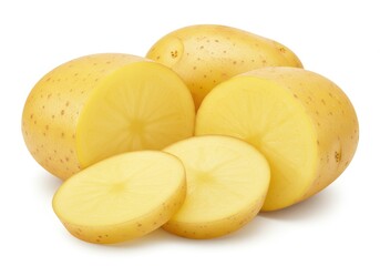 Whole yellow potatoes with smooth skins and two potato isolated on white background
