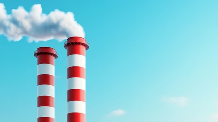 Red and White Industrial Smoke Stacks Against a Clear Blue Sky with White Clouds Emitting from the Chimneys in an Urban Environment