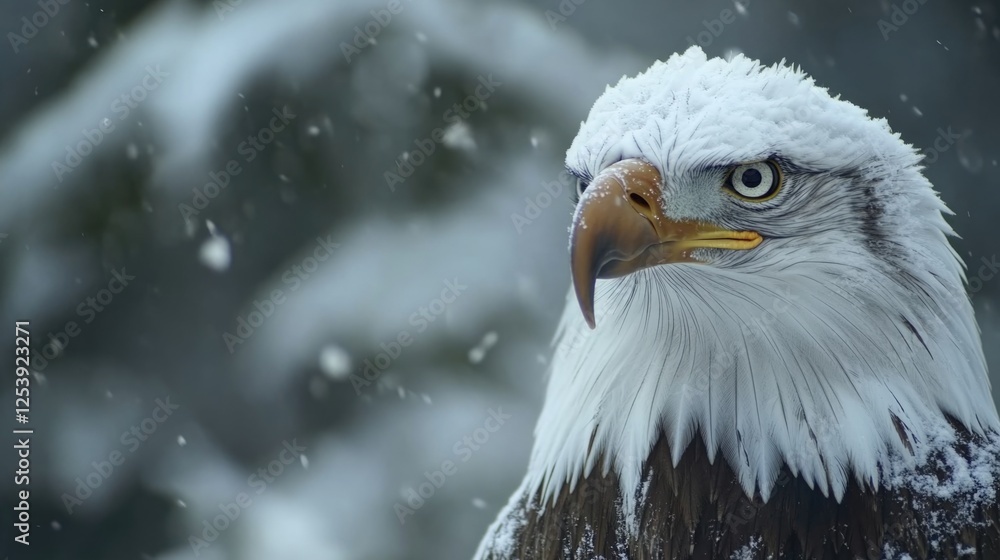 Poster a close-up view of an eagle's head and feathers in a snowy environment