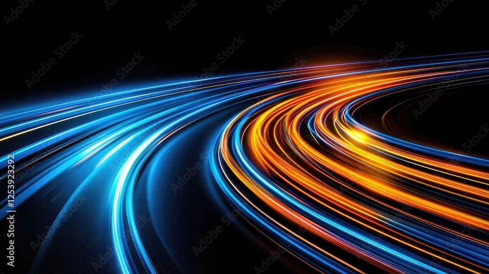 Poster dynamic light trails showcase urban nightscape digital art futuristic vibes close-up view motion and