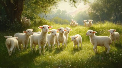 Peaceful Lambs in a Sunny Meadow