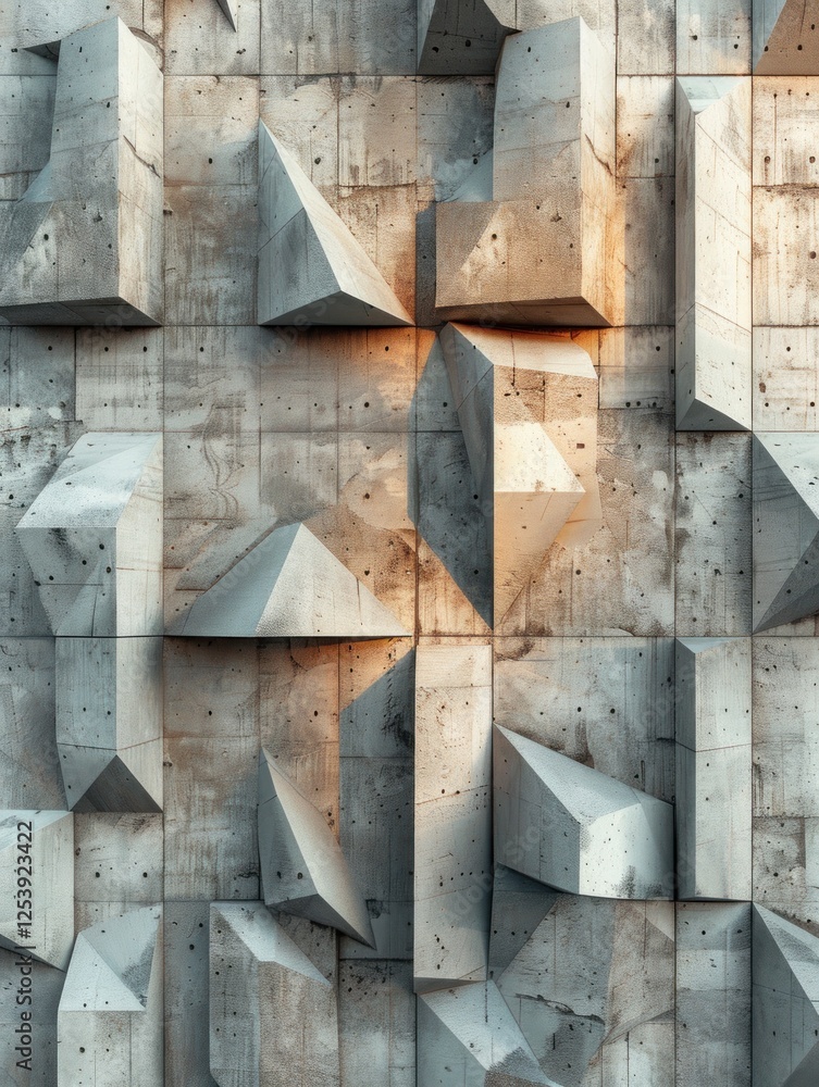 Poster the concrete wall features high-relief shapes, casting sharp shadows and dramatic depth with moody l