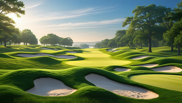 A breathtaking, lush green golf course landscape with rolling hills and strategically placed sand bunkers under a brilliant blue sky