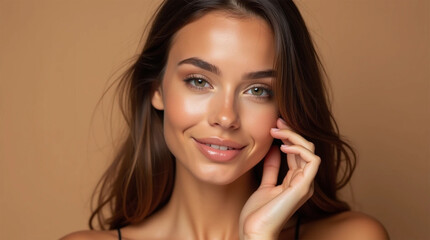 Fototapeta premium Woman smiling while touching her flawless glowy skin with copy space for your advertisement, skincare 