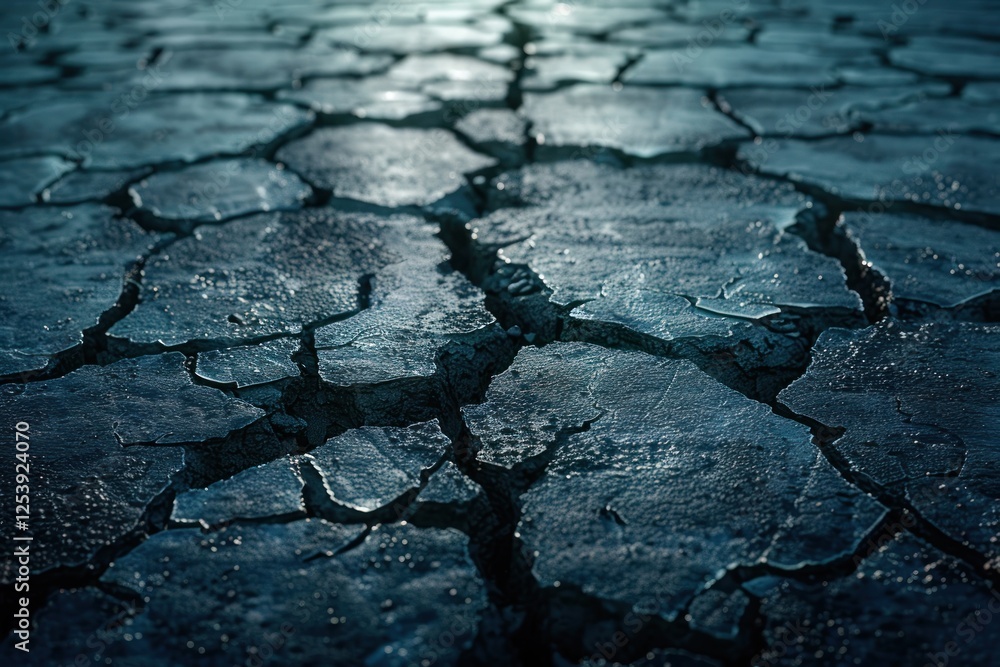Poster asphalt road cracks create a modern abstract design under soft diffused light, showcasing unique geo