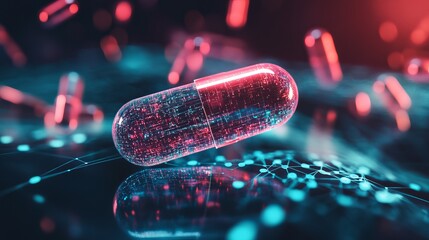 Digital Medicine Capsule Futuristic Technology Abstract Pink Blue Network Science Healthcare Innovation Medical Pill Pharmacy Drug Research           