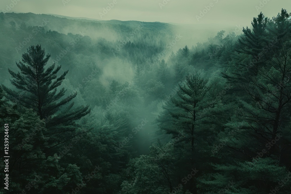 Poster rolling fog weaves through a dense forest, creating a serene and captivating environment with deep g