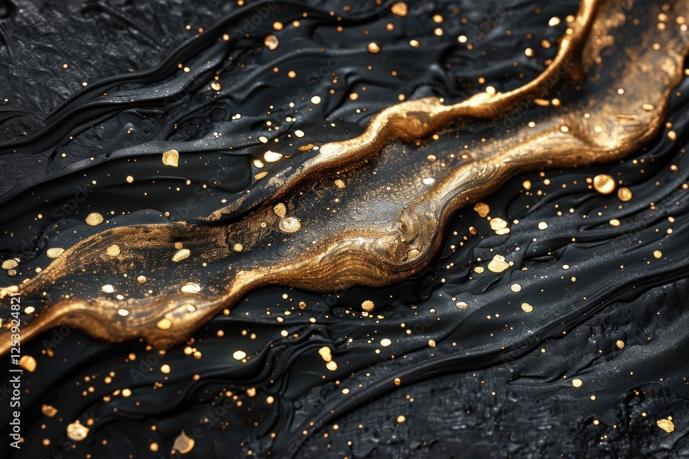 Poster golden ink flows gracefully over a textured black background, showcasing shimmering patterns under s