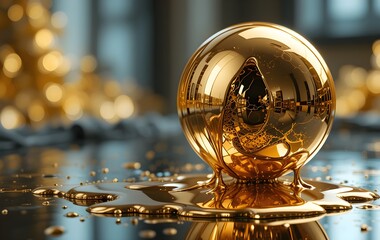 Melting Gold Sphere Dripping onto a Mirror Surface