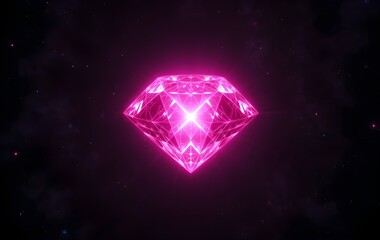 Glowing Fluorescent Pink Diamond on a Black Void, shiny and glowing neon pink diamond on black background
