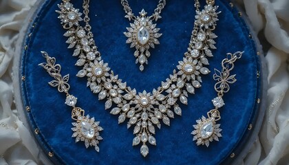Fototapeta premium Luxurious jewelry set featuring a stunning necklace and earrings displayed on a blue velvet background