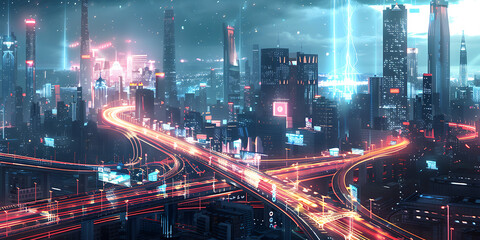 Naklejka premium Dynamic Futuristic Cityscape with Bright Skyscrapers and Nighttime Light Trails 