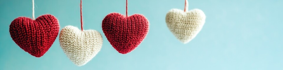 A trio of knitted hearts suspended from strings against a bright blue backdrop