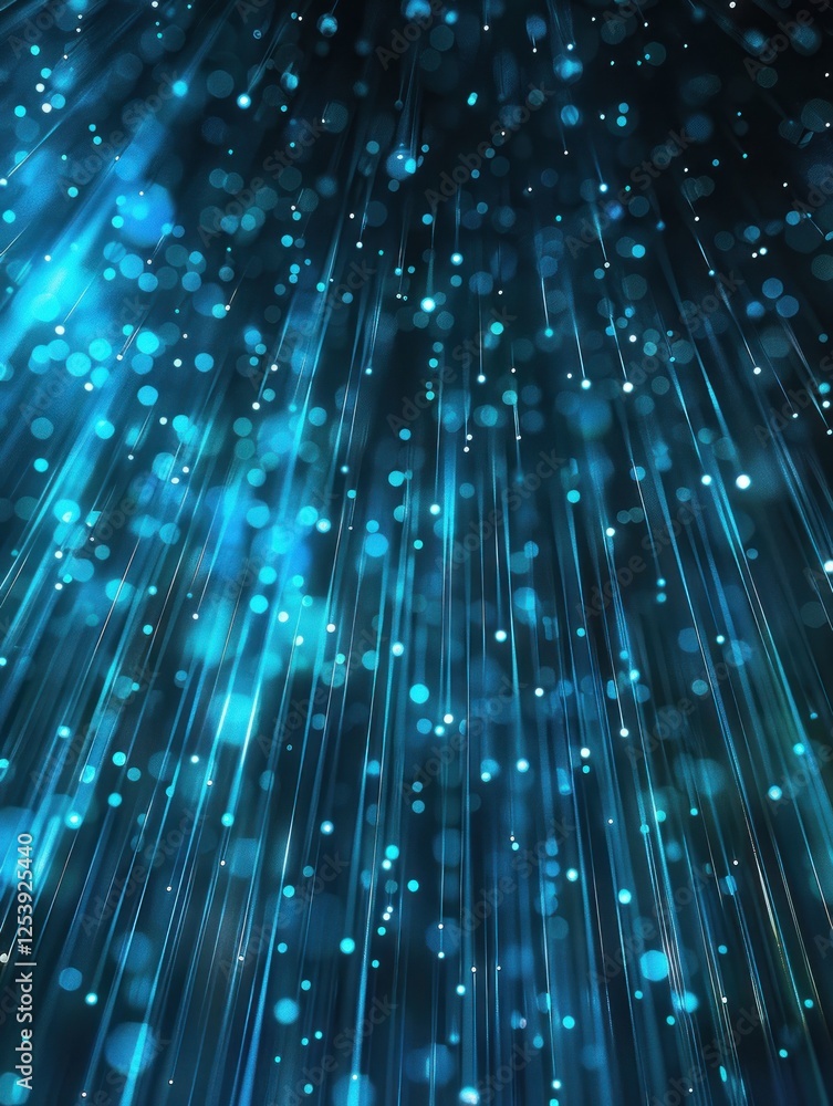 Poster glowing blue lines cascade down, creating a neon effect against a moody backdrop for a futuristic vi