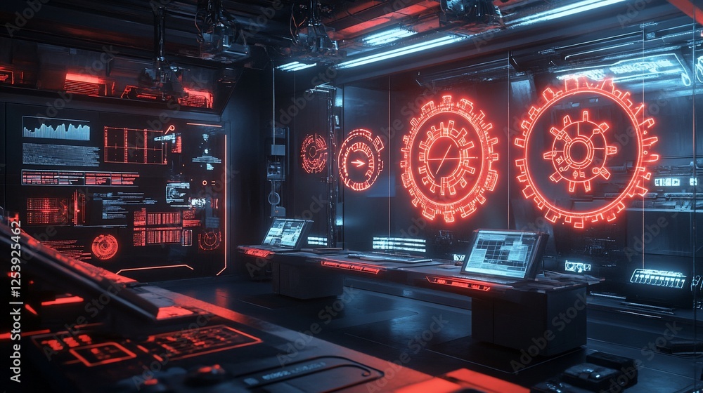 Poster a futuristic workspace with holographic symbols on screens and computers with a tech aesthetic