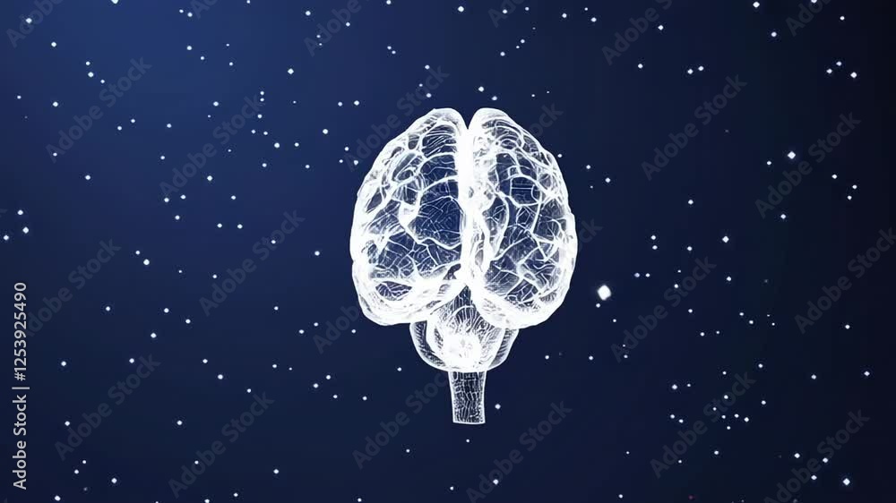 Poster Glowing polygonal brain rotating slowly against starry cosmic backdrop, revealing multifaceted neural network perspectives through dynamic wireframe visualization