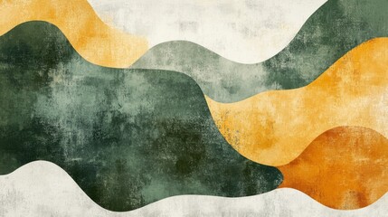 Abstract wavy shapes overlap in earthy green and gold tones