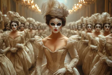 Elegant masked ball featuring numerous dancers in exquisite attire in a grand ballroom at twilight