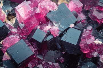 A cluster of pink crystals perched atop a rock, natural beauty