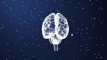 Glowing polygonal brain rotating slowly against starry cosmic backdrop, revealing multifaceted neural network perspectives through dynamic wireframe visualization - Powered by Adobe