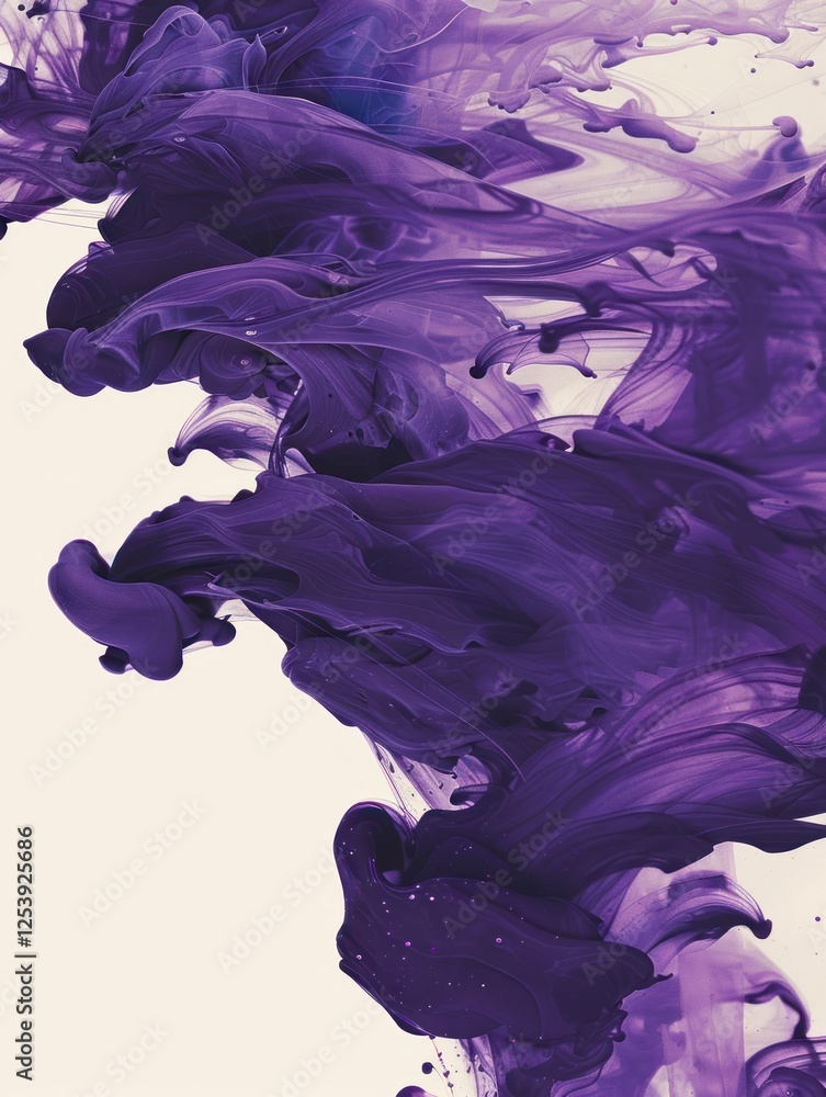 Poster mysterious deep purple ink forms mesmerizing patterns against a white backdrop, showcasing vibrant m