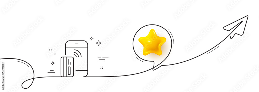 Poster contactless payment card line icon. continuous line with share plane. phone money sign. mobile devic