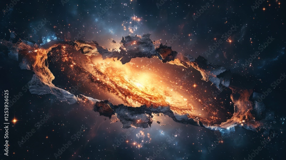 Poster a breathtaking cosmic nebula glows through a torn paper hole, creating a magical transition into dee
