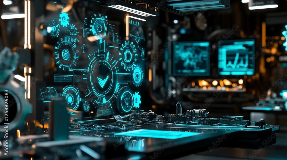 Poster futuristic workspace with holographic symbols and advanced technology display in a modern setting