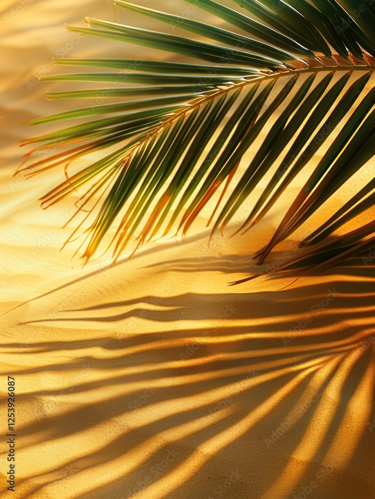 Aufkleber close-up of a palm leaf shadow creates a tranquil pattern on golden sand with smooth ripples and sof