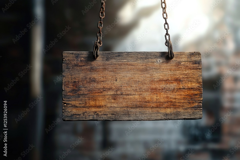 Poster a worn wooden sign hangs from a rusty chain, possibly leading to a hidden path or secret location