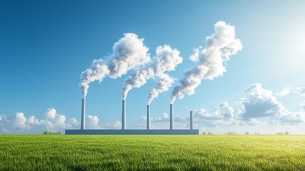 Industrial Landscape with Emissions and Green Field under Clear Blue Sky, Highlighting Environmental Concerns and Industrial Processes in Contemporary Society