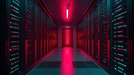 Fototapeta premium Server room corridor, data center, red lights, technology, website background
