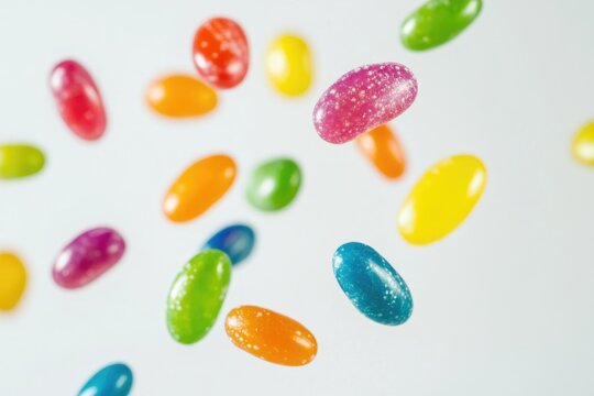 A colorful bunch of jelly beans is suspended in mid-air, creating a fun and playful atmosphere