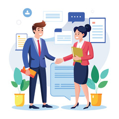 People shaking hands at work - Two businesspeople, man and woman doing handshake in office at work while smiling over business agreement and deal. Flat design stock illustration on white background