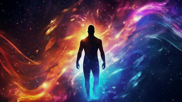 Humanity's Cosmic Dance: A Silhouette of Man Embraced by Celestial Energy