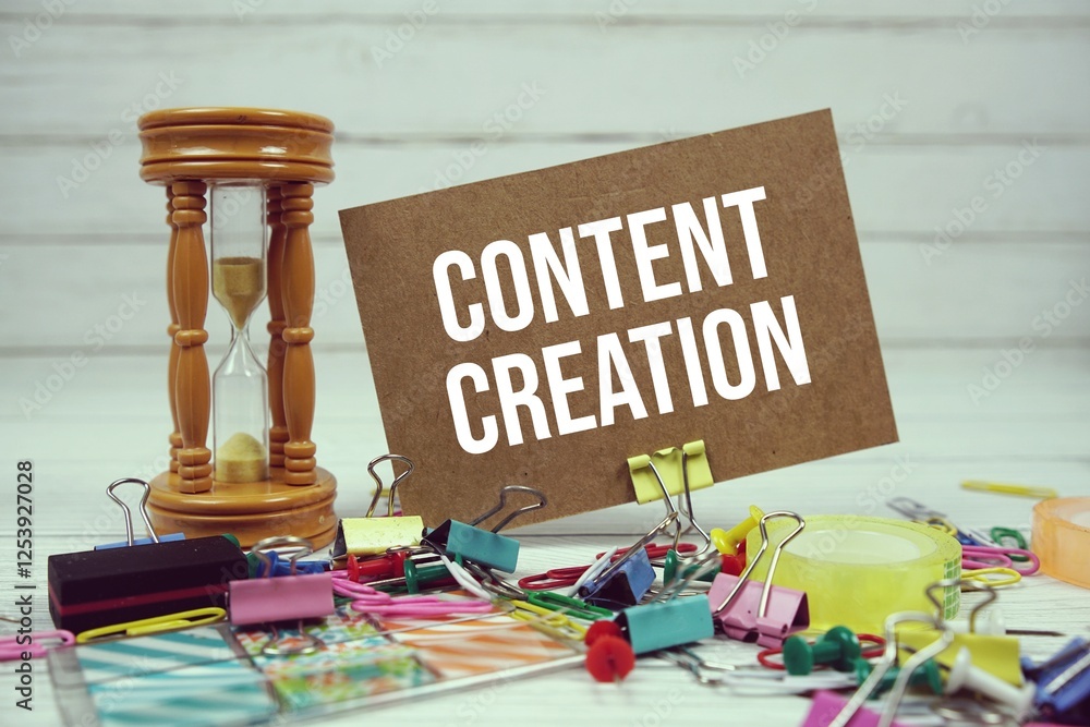 Poster content creation text on paper card with alarm clock and stationary on wooden background