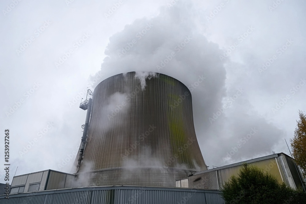 Poster a smokestack rises from the rooftop of a building