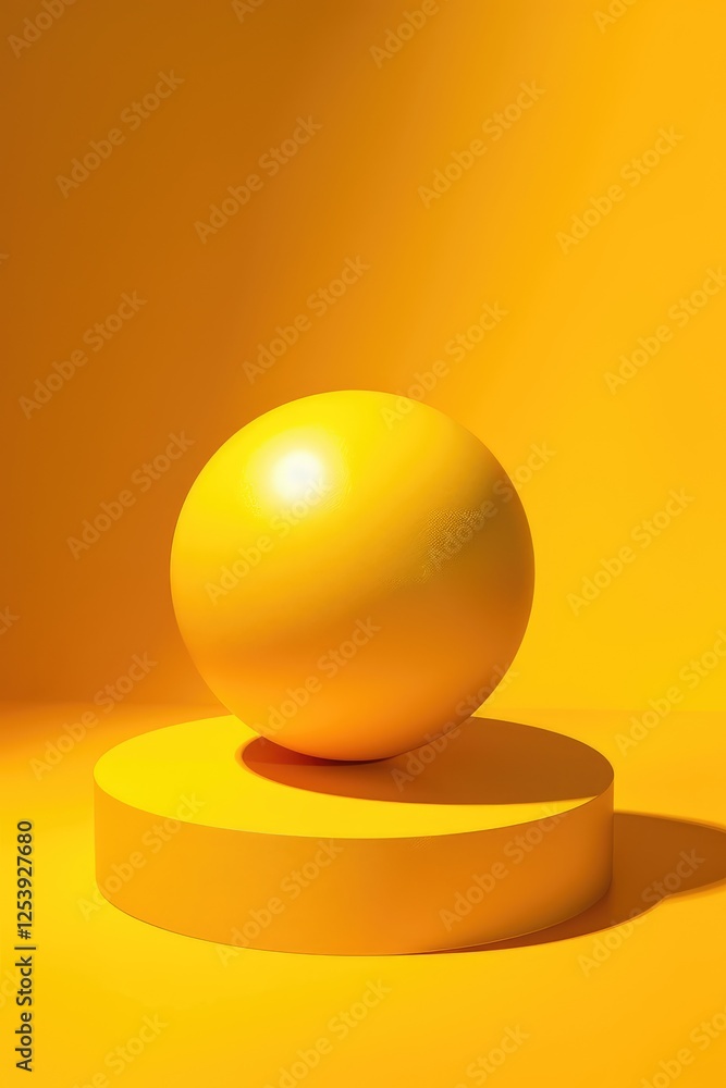 Poster floating yellow sphere on circular platform studio setting minimalist design bright environment clos