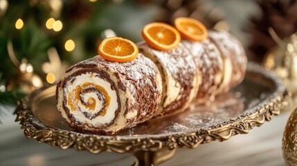 A moist and delicious cake roll topped with vibrant orange slices, perfect for a breakfast or brunch treat