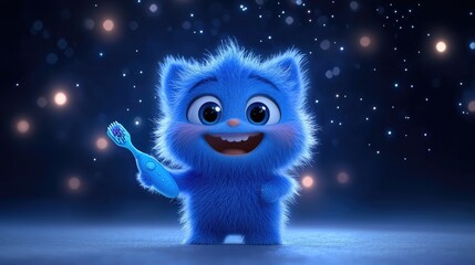 Animated blue creature holding toothbrush magical background digital art playful atmosphere close-up view oral hygiene concept