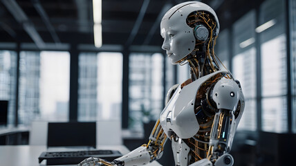 Fototapeta premium AI Robot which shows the future and working on a computer