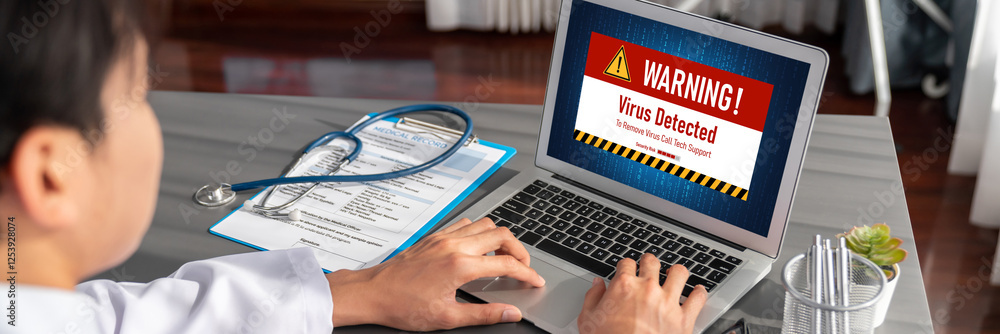 Poster virus warning alert on computer screen detected brisk cyber threat , hacker, computer virus and malw