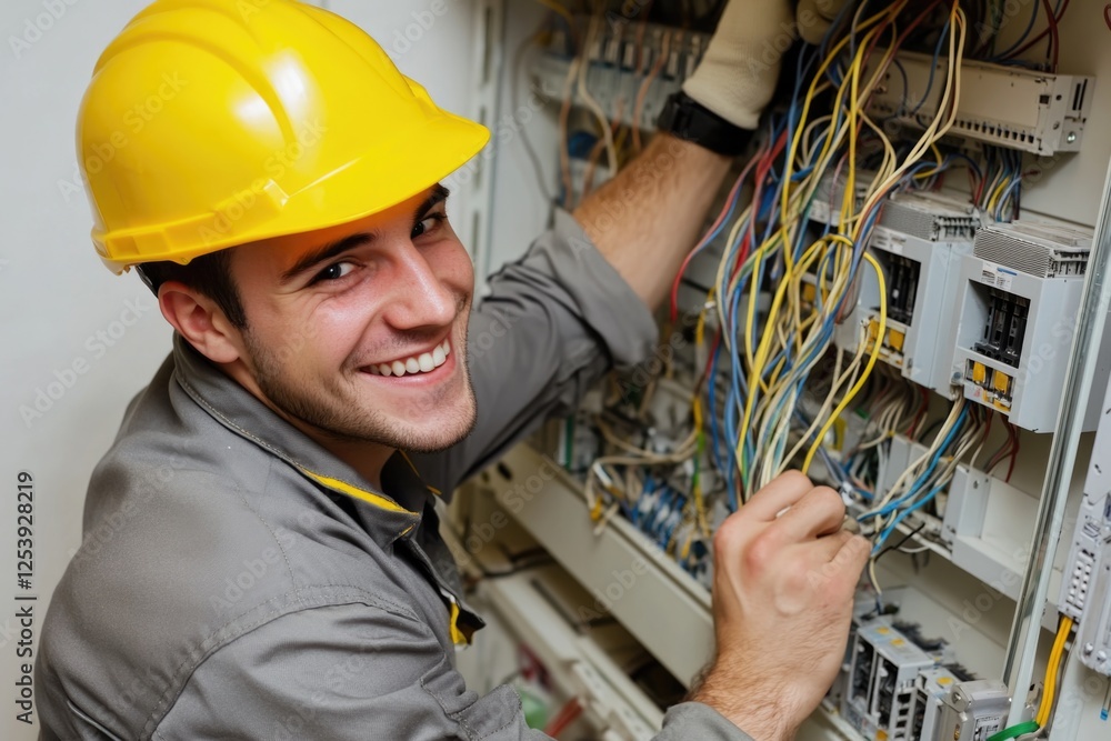 Poster a professional electrician is installing new wiring or repairing existing components on an electrica